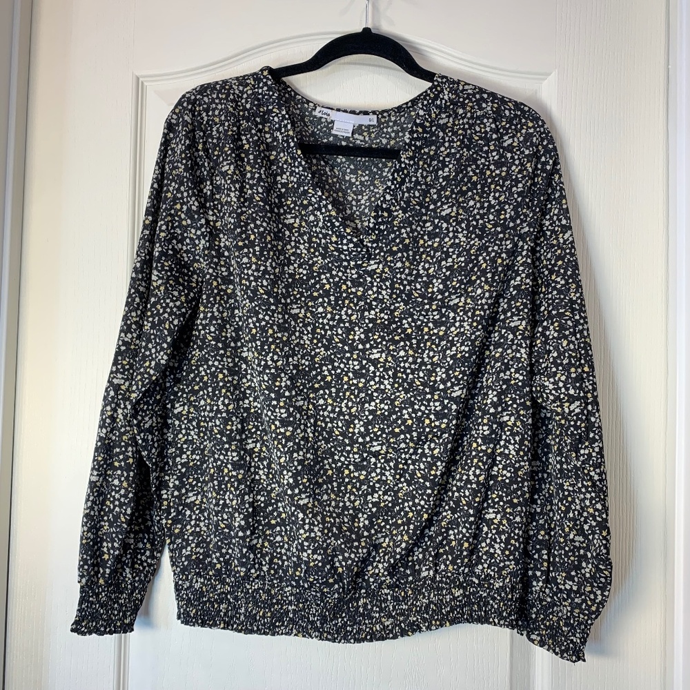 Lois Floral Country-Chic Smocked Blouse – Black Yellow White – Size L